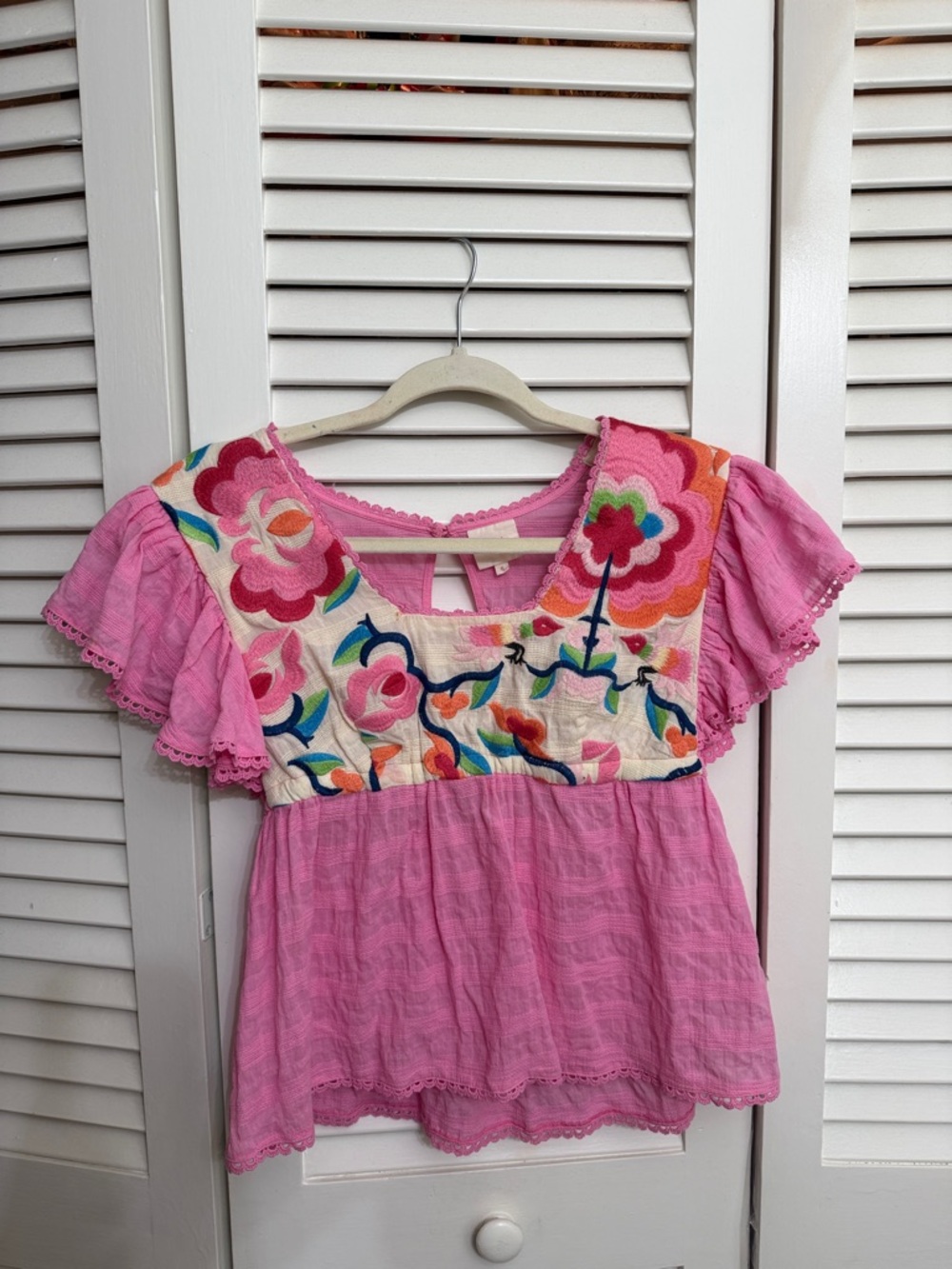 Plenty by Tracy Reese Pink Embroidered Flutter-Sleeve Top